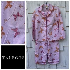 Talbots Intimates Pink Butterfly Cotton Pajama Set Petite Medium PM Button Up